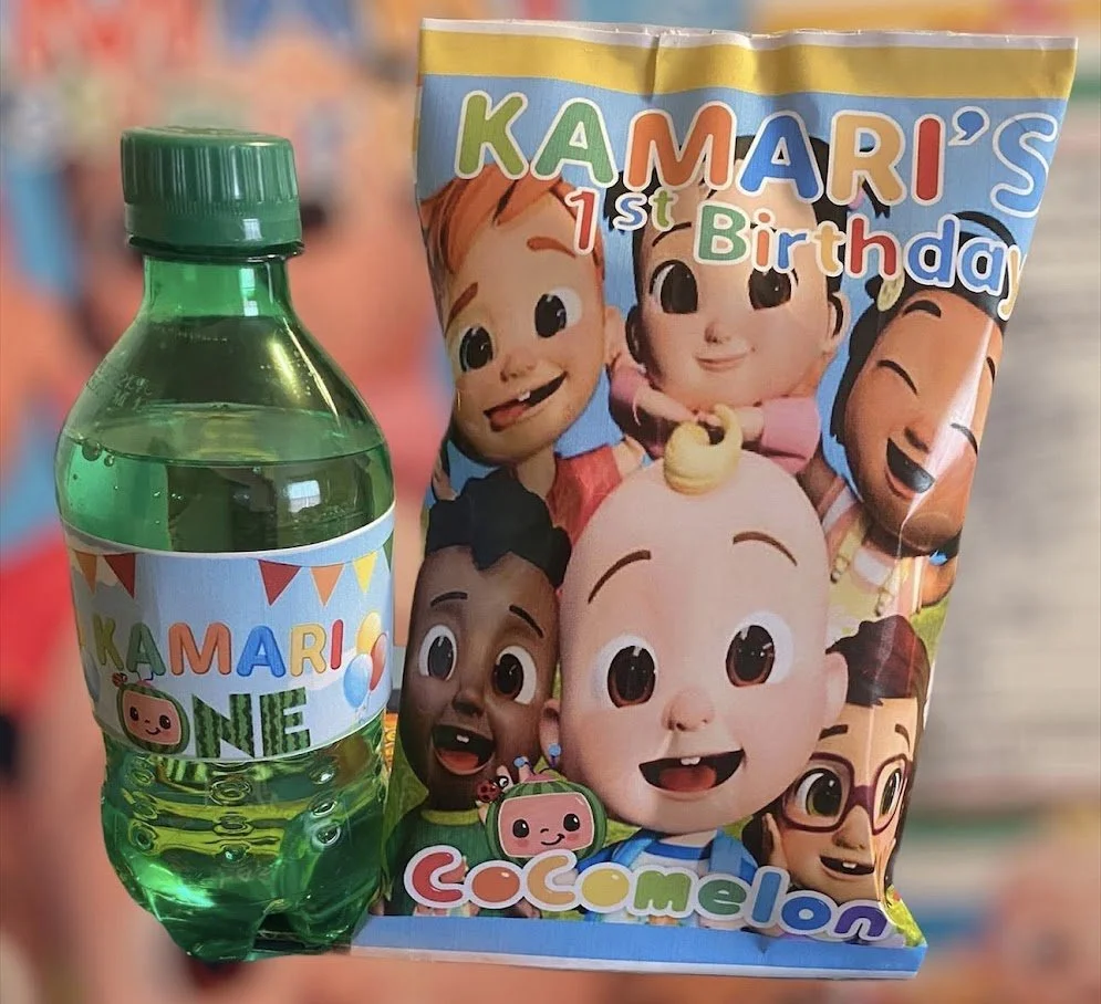 Colorful birthday party favor set with a water bottle and a bag featuring cartoon characters and the text 'KAMARI'S 1st Birthday, Cocomelo'.