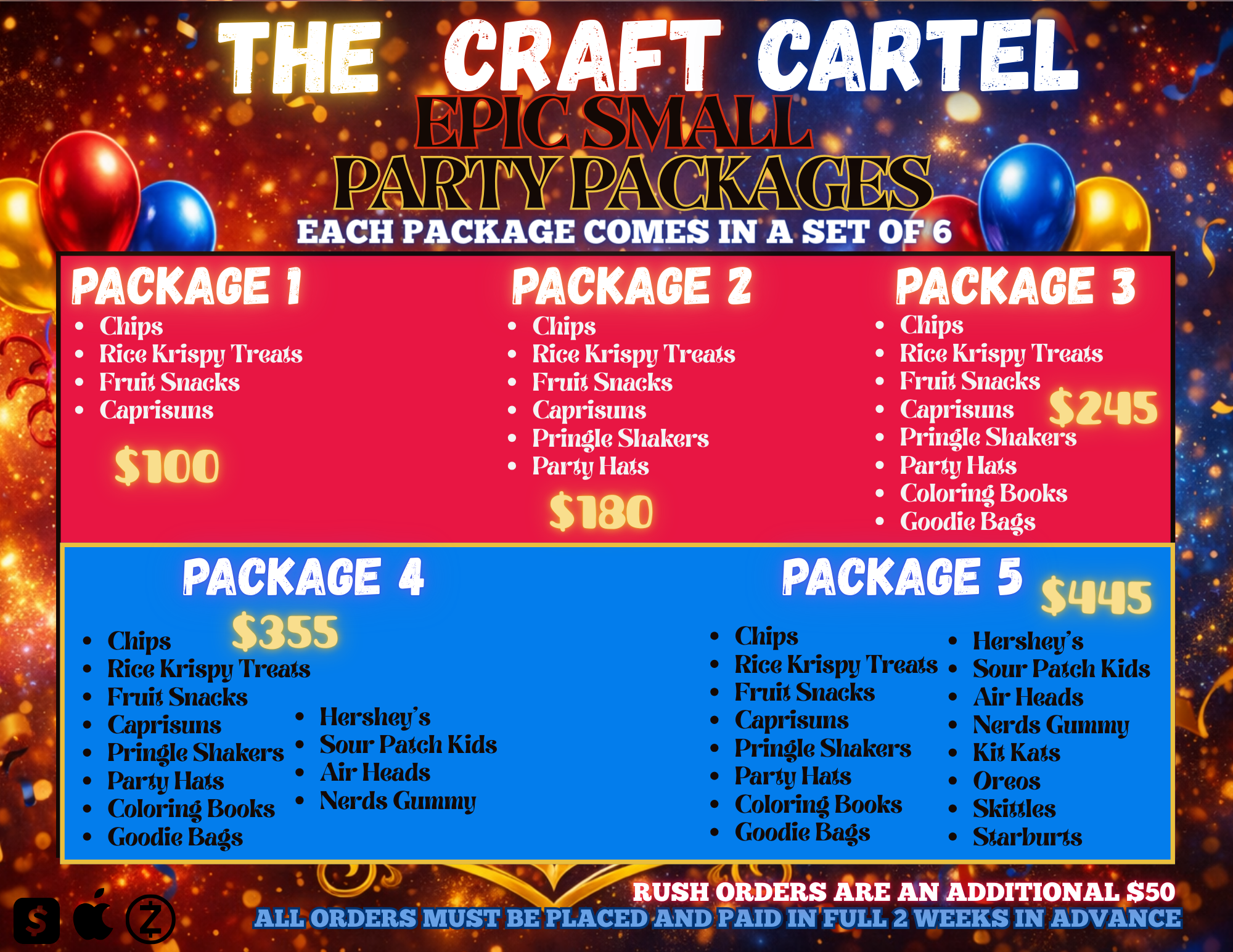 Colorful promotional poster advertising craft party packages with balloons and confetti background. Lists five packages with details and prices, ranging from $100 to $445, including snack and craft items, party hats, coloring books, and goodie bags.