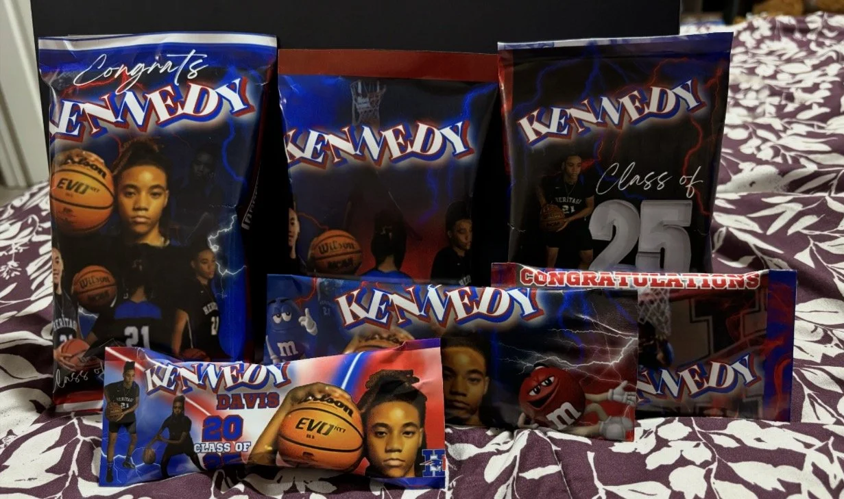 A collection of personalized graduation party favors and decorations featuring the name Kennedy, with basketball-themed designs and images of a young girl.