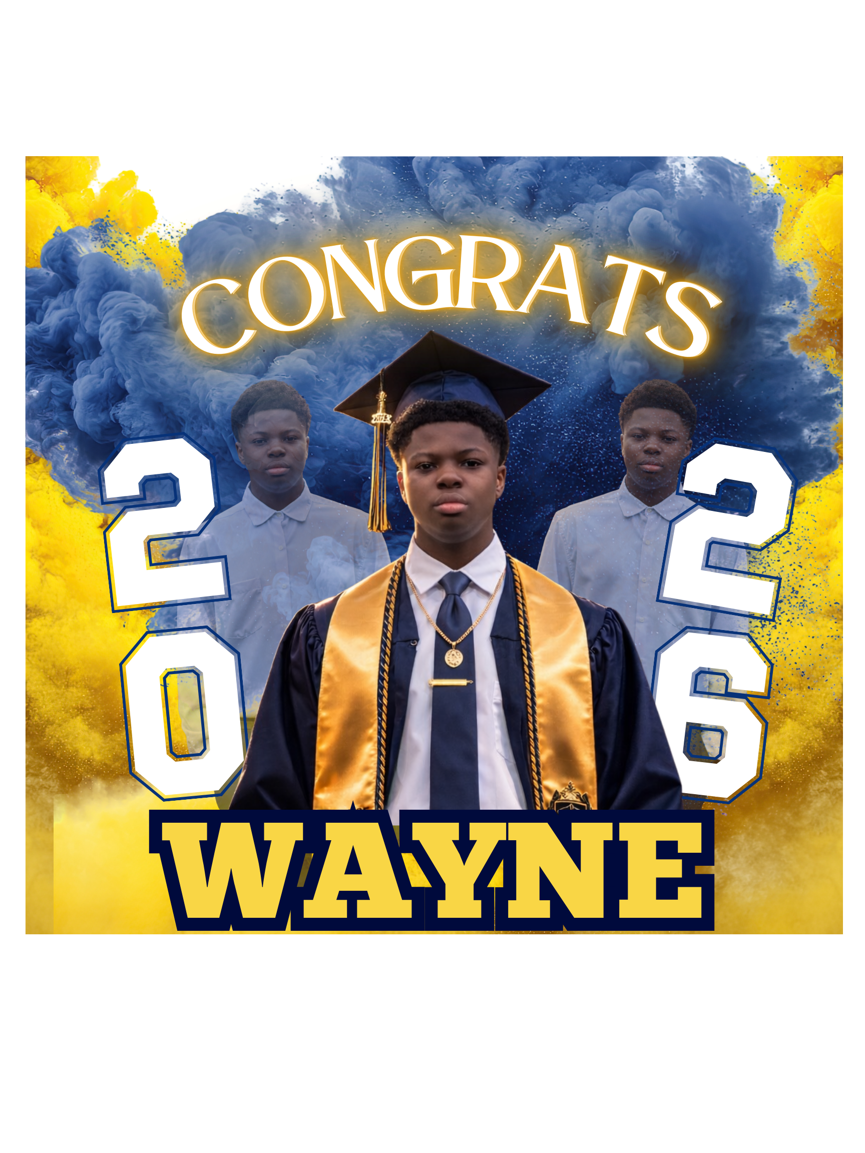 Graduation celebration poster featuring a young man in cap and gown with a gold stole, the year 2023, and the word 'Congrats' at the top, with a background of blue and yellow clouds and two smaller images of the same young man in the background.