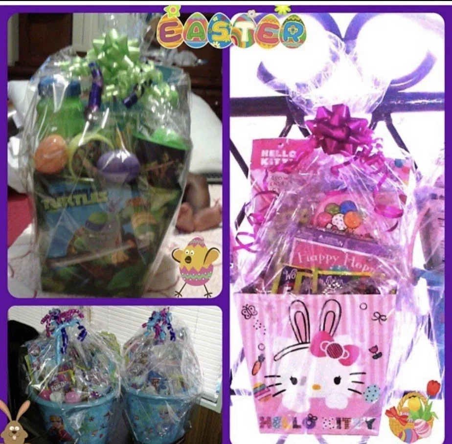 Three Easter gift baskets wrapped in clear cellophane with colorful ribbons and bows, filled with candies and treats, decorated with Easter-themed stickers and illustrations.