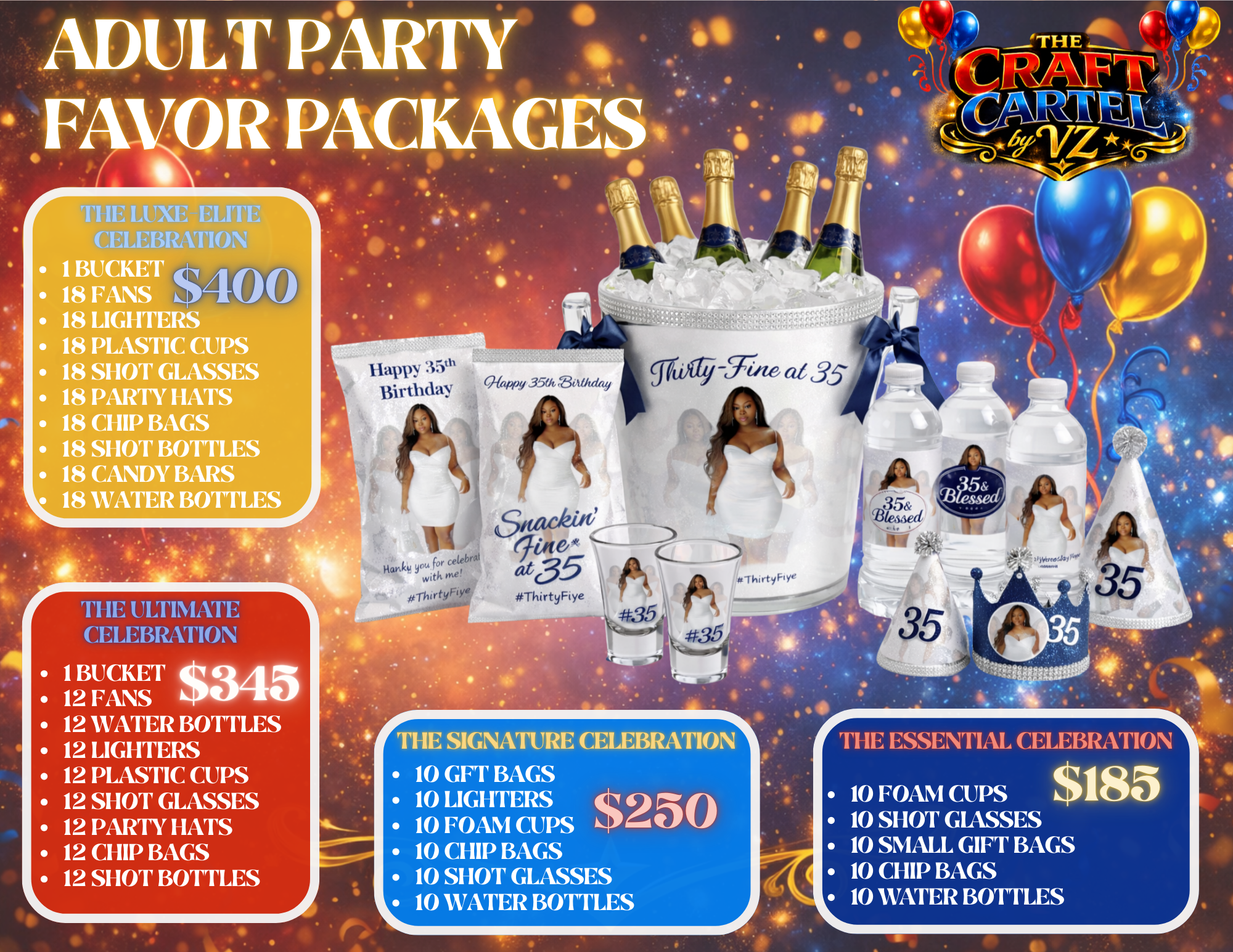 Bright party promotional graphic with balloons and sparkling background, offering adult celebration packages including the Luxe Elite, Ultimate, Signature, and Essential Celebrations, with prices from $185 to $400, featuring details of items included in each package such as drinks, cups, shot glasses, party hats, chips, water bottles, gift bags, and more.