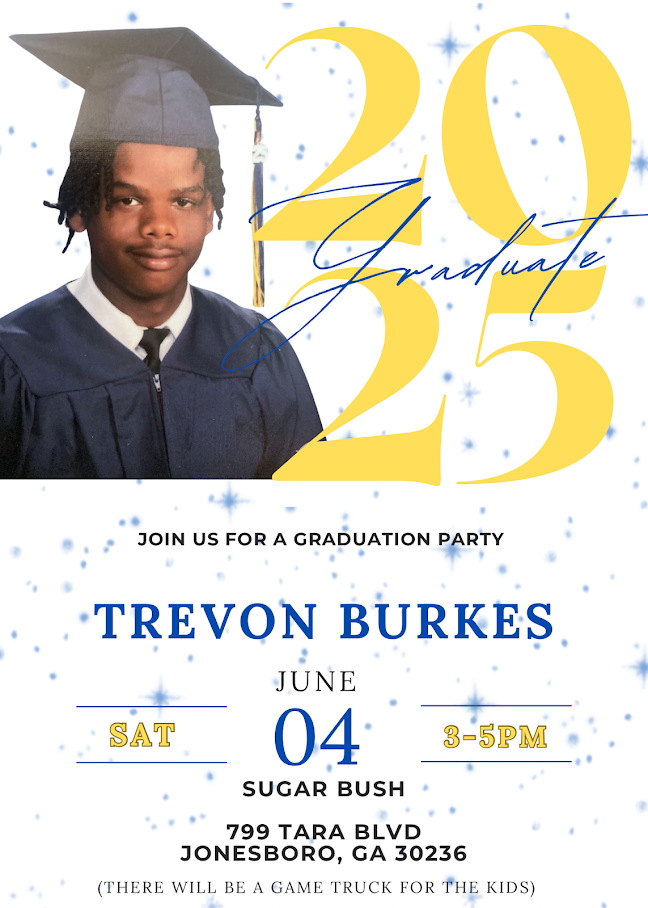 Graduation invitation poster featuring a young man in a graduation cap and gown. Large yellow "2023" with the word "Graduate" in cursive. Details for a graduation party including the date, time, location, and a mention of a game truck for kids.