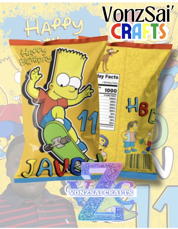  featuring Bart Simpson from The Simpsons riding a skateboard with the number 11. Background has playful text and cartoon characters. The brand name 'Vonzsai Crafts' is at the top, and colorful decorative letters and a glittery number 7 at the bottom