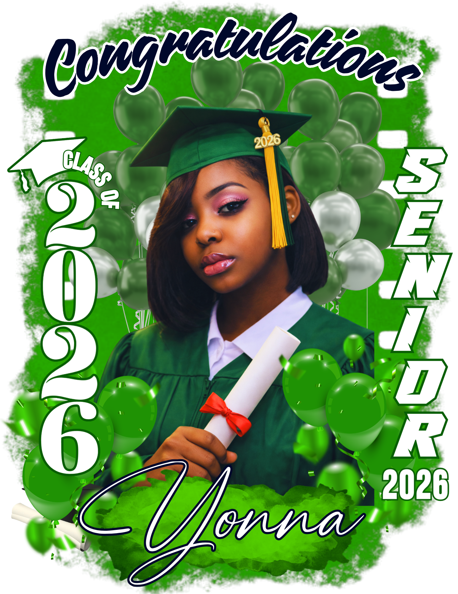 Graduation celebratory image of a young woman in a green cap and gown holding a diploma, surrounded by green and silver balloons with text indicating her graduation year and class of 2026, and her name Uonna.