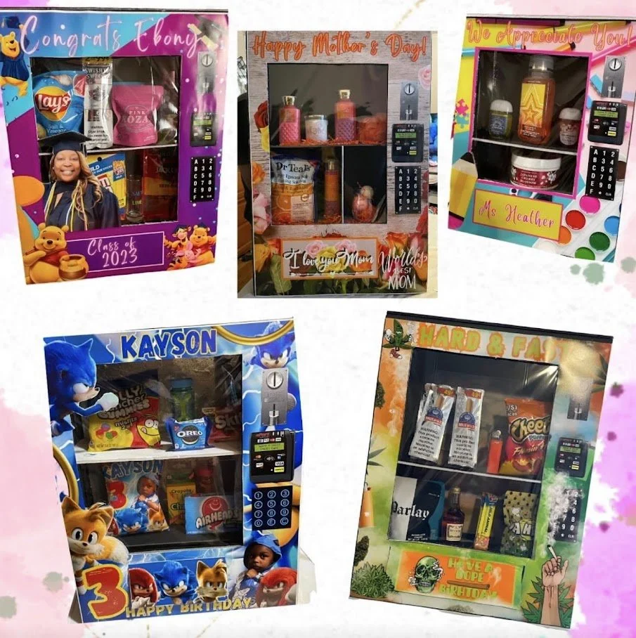 Group of five decorated gift boxes with clear plastic windows, showcasing various birthday gifts and treats inside, each with colorful designs and themed greetings.