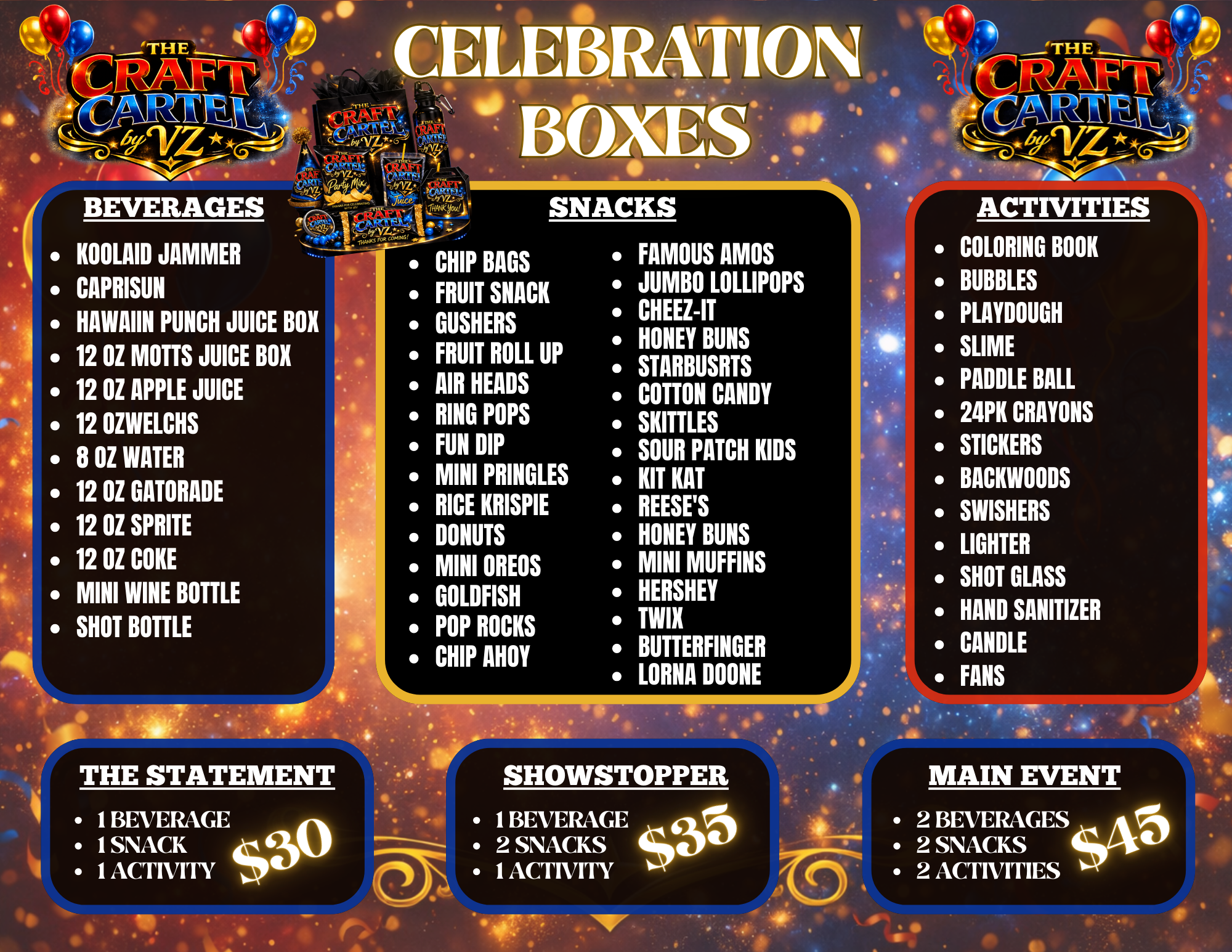 Event flyer titled "Celebration Boxes" featuring three columns of lists: Beverages, Snacks, and Activities, with options like juice boxes, candies, coloring books, and games. Decorative balloons and glowing background design.