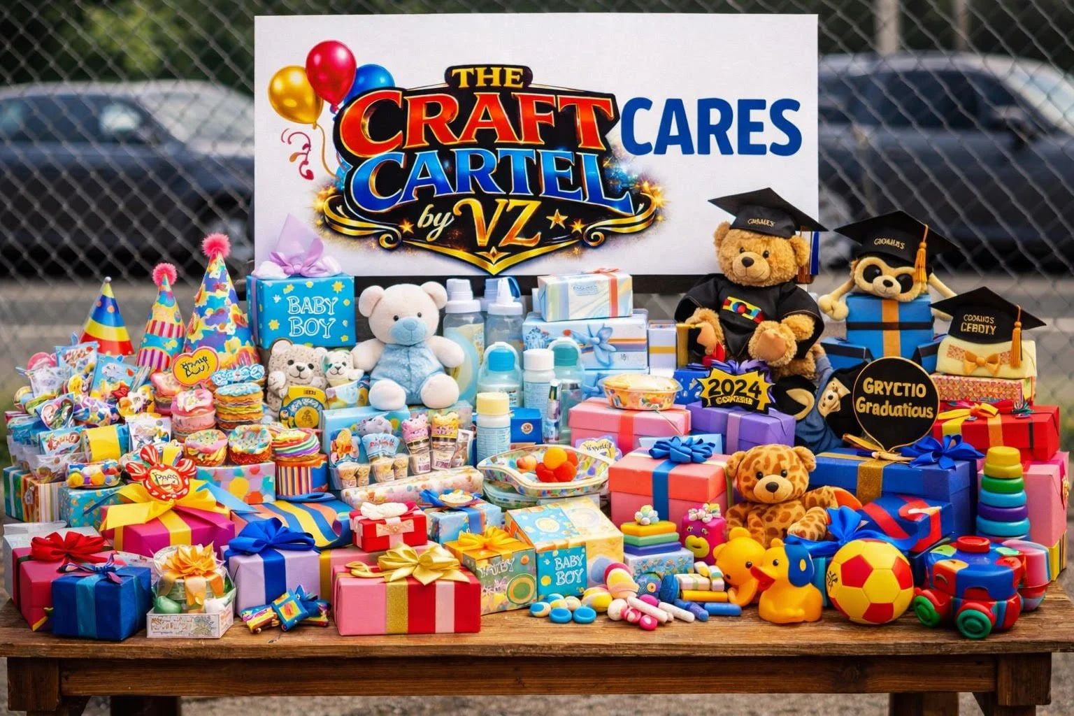 Table with colorful wrapped gifts, stuffed animals, toys, and party decorations for a baby shower or celebration, outdoors with a chain-link fence in the background.