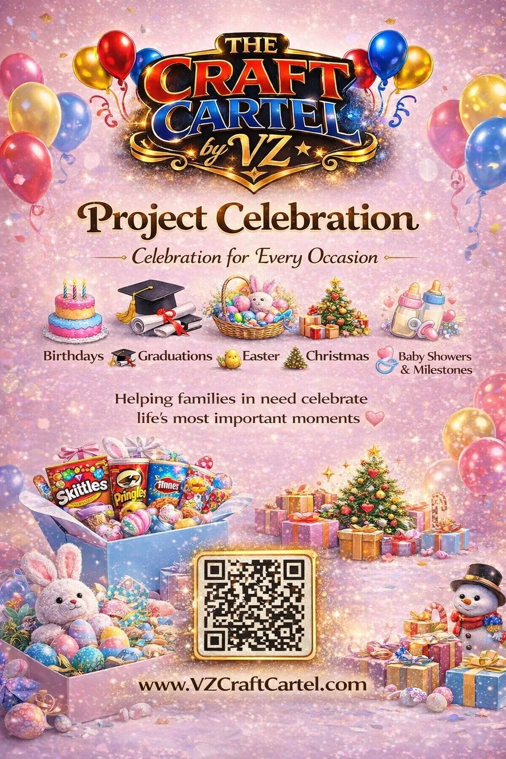 Celebration flyer for The Craft Cartel by VZ, featuring balloons, a birthday cake, graduation cap, Easter basket, Christmas tree, baby bottles, and presents, with a QR code and website URL.