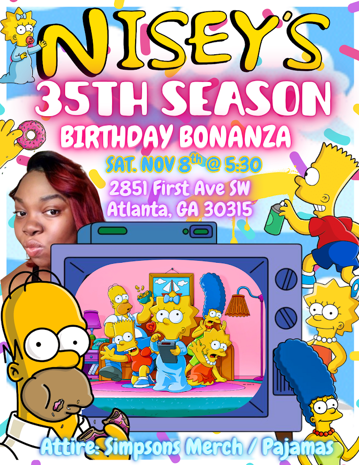 A colorful birthday party invitation poster showcasing a Simpsons-themed celebration for Nisey's 35th season. The event is scheduled for Saturday, November 8th at 5:30 PM at 2851 First Ave SW, Atlanta, GA 30315. The poster features characters from Th