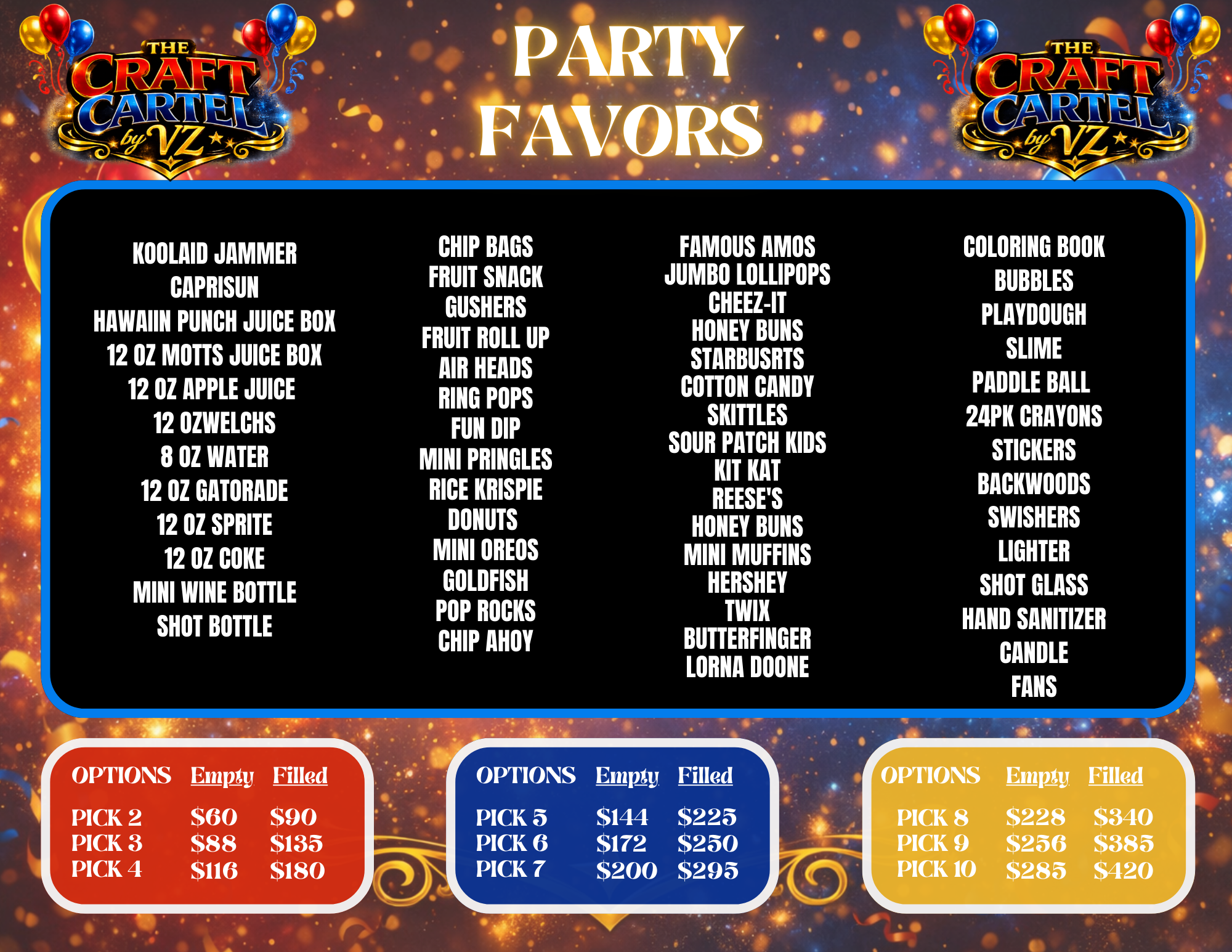 A colorful party favors menu with three sections of options, prices, and choices for a craft cartel event, featuring items like snacks, candies, toys, and party accessories against a festive background with balloons and sparkles.