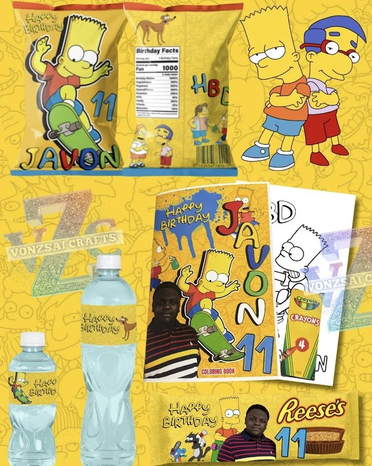 Colorful birthday themed collage featuring Simpsons characters, including Bart, Milhouse, and Lisa, with various birthday items, coloring books, water bottles, a Crayola crayon box, and a Reese's snack, all decorated with 'Happy Birthday' messages.