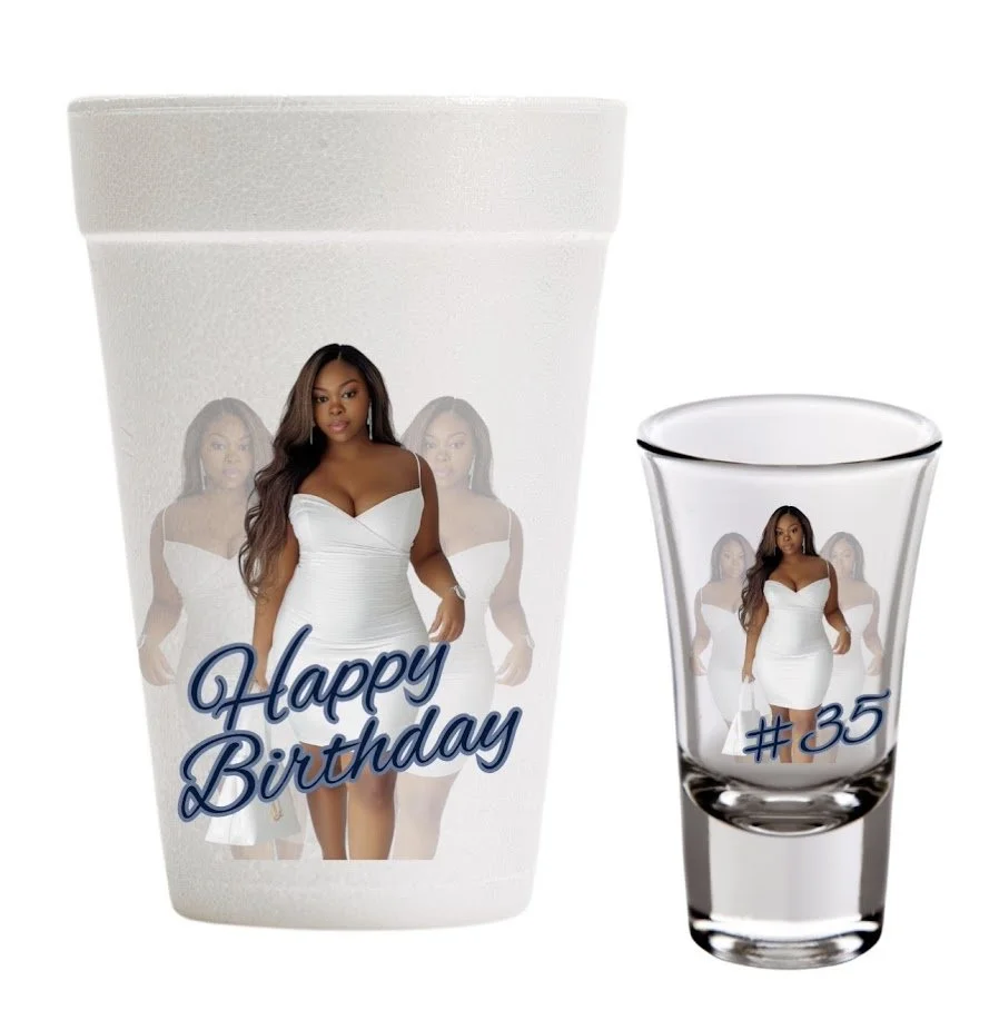 A tumbler and a shot glass both with a photo of a woman in a white dress and the text 'Happy Birthday' on the tumbler and '# 35' on the shot glass.