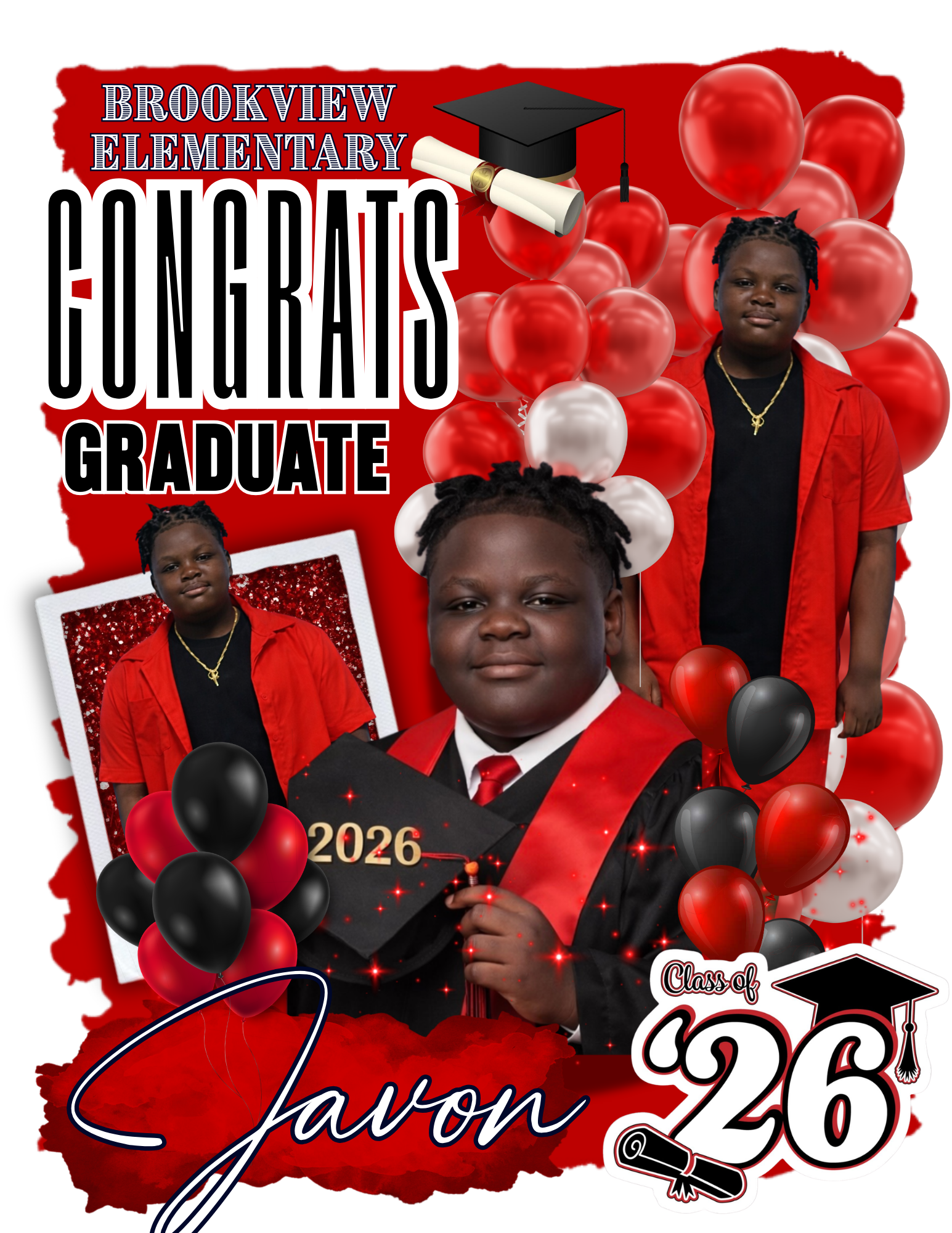 Graduate in cap and gown surrounded by red, black, and white balloons, with text celebrating graduation from Brookview Elementary, class of 2026, for student Javor.