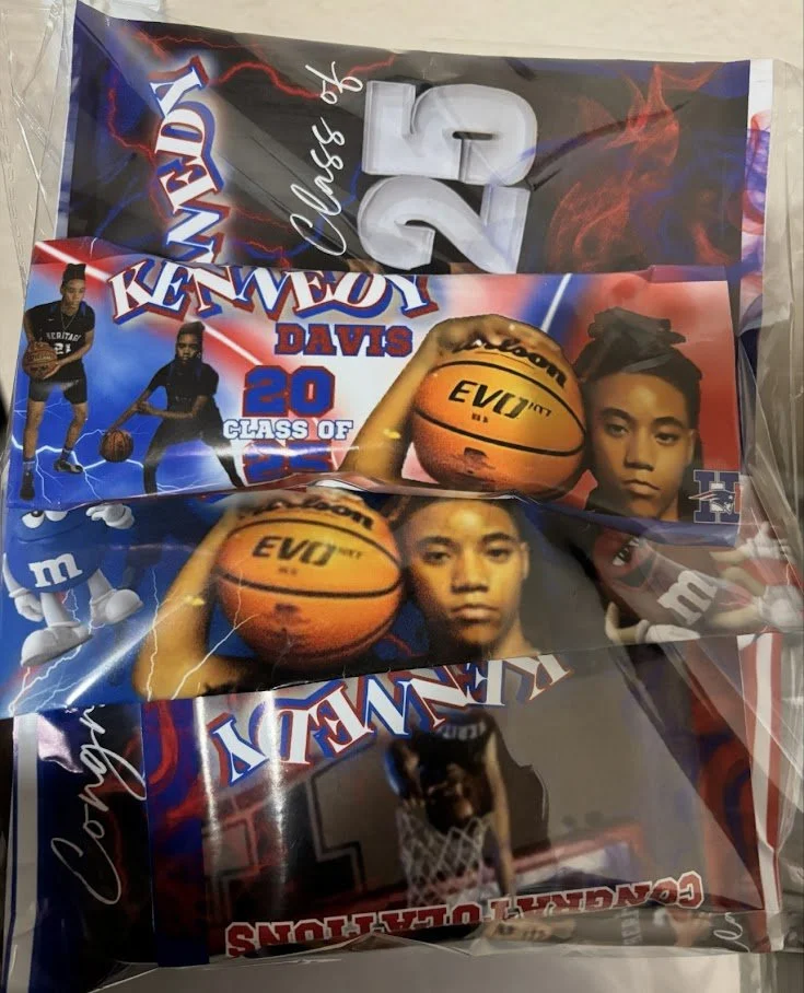 A collection of several school yearbook pages featuring young students, with decorations including basketballs and the words "Kennedy Davis" and "Class of 2020".
