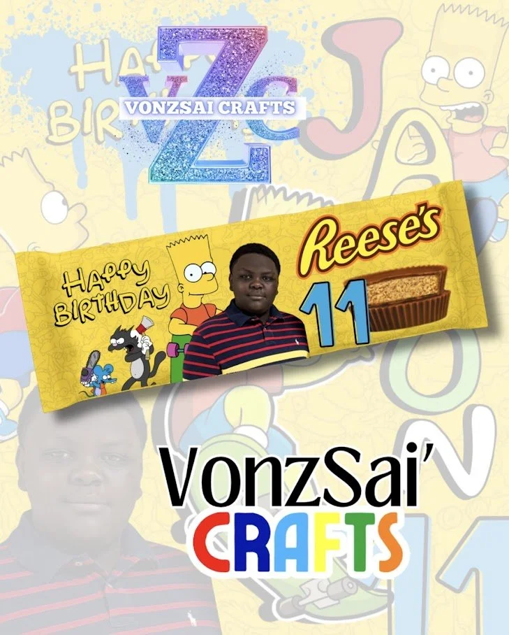 Celebration banner with characters from The Simpsons, a boy's birthday photo, and the text "Vonzsai Crafts" and "Happy Birthday 11" in colorful letters.