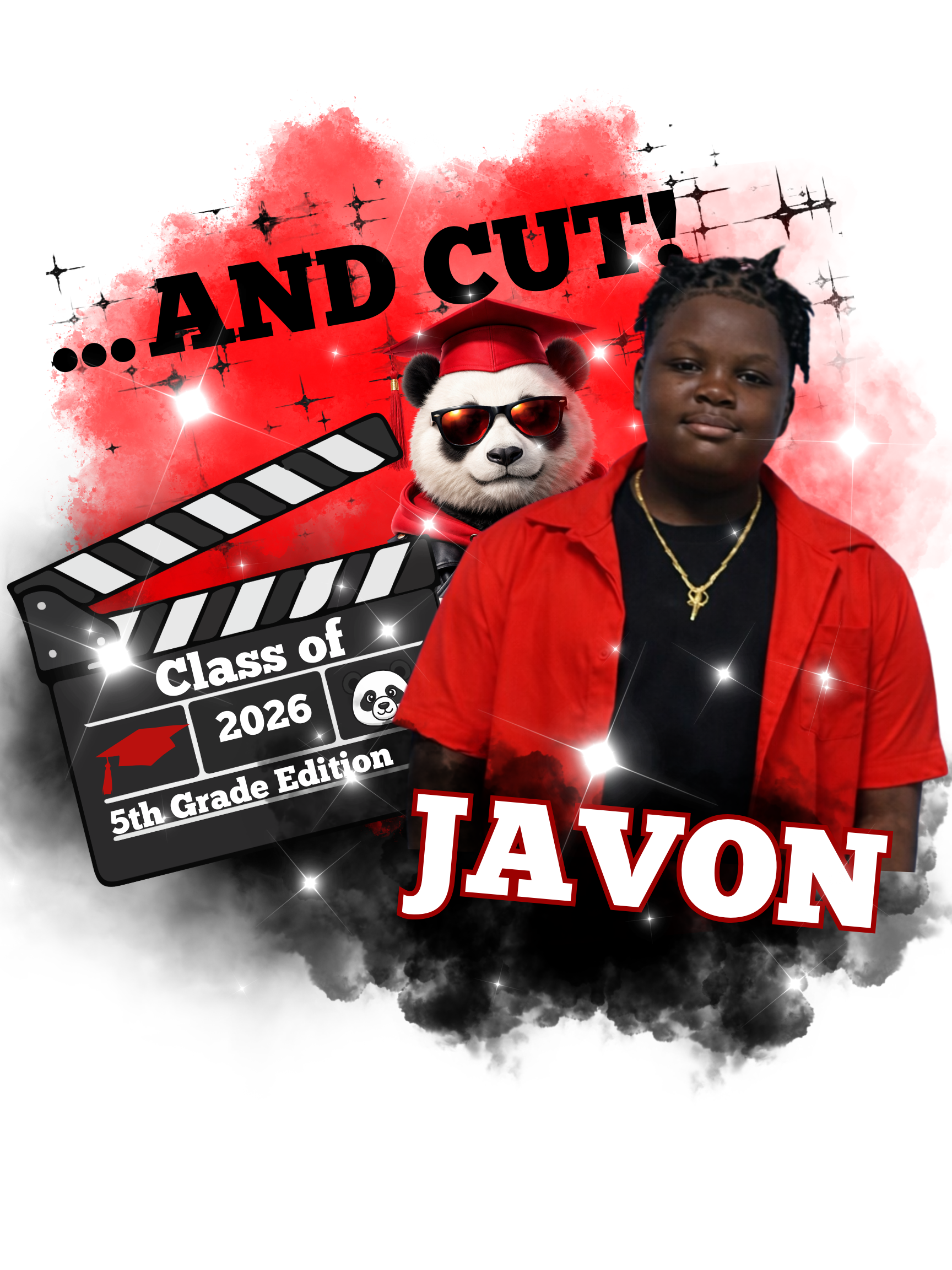 A graduation-themed photo with a young boy wearing a red shirt and a black t-shirt, a panda bear wearing sunglasses and a graduation cap, a clapperboard with 'Class of 2026' and '5th Grade Edition' written on it, and the name 'JAVON' in bold red lett