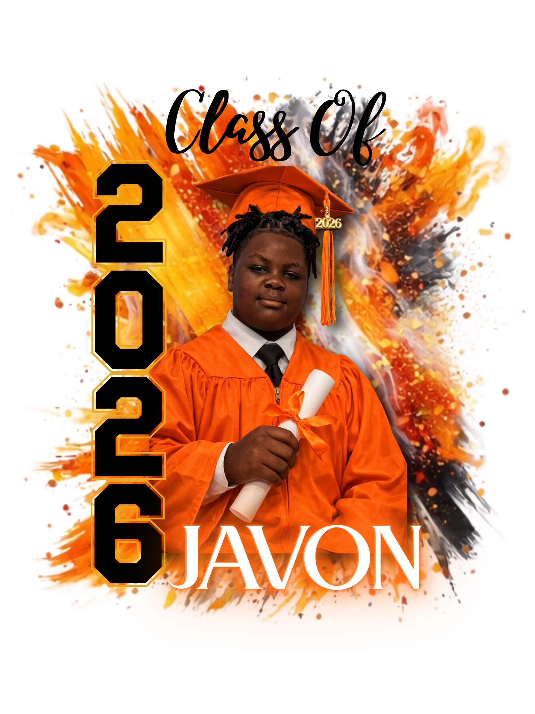 Graduation photo of a young boy in an orange cap and gown, holding a diploma, with the text 'Class of 2026' and 'JAVON', and the year 2026 displayed prominently.