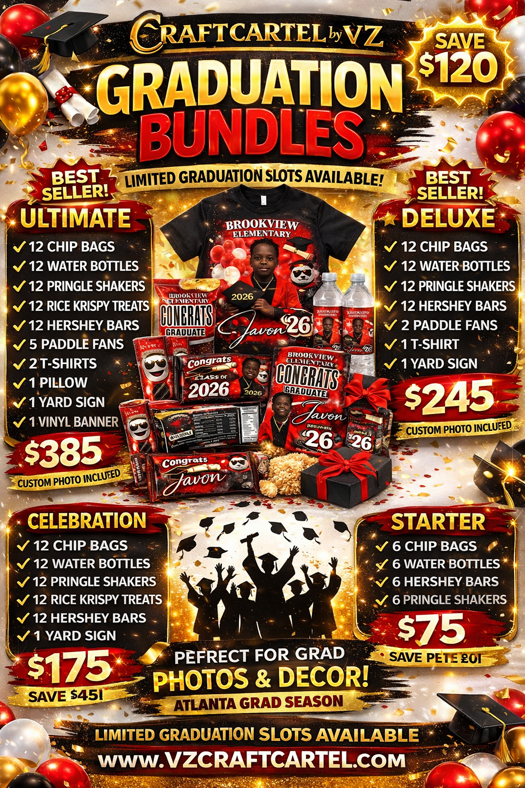 Advertisement for graduation themed bundle packages featuring personalized party favors, water bottles, t-shirts, Hershey bars, and other decorations for graduate Javon, with pricing and details for ultimate, deluxe, celebration, and starter packages. Decor includes balloons, confetti, and a black shot silhouette of graduates.