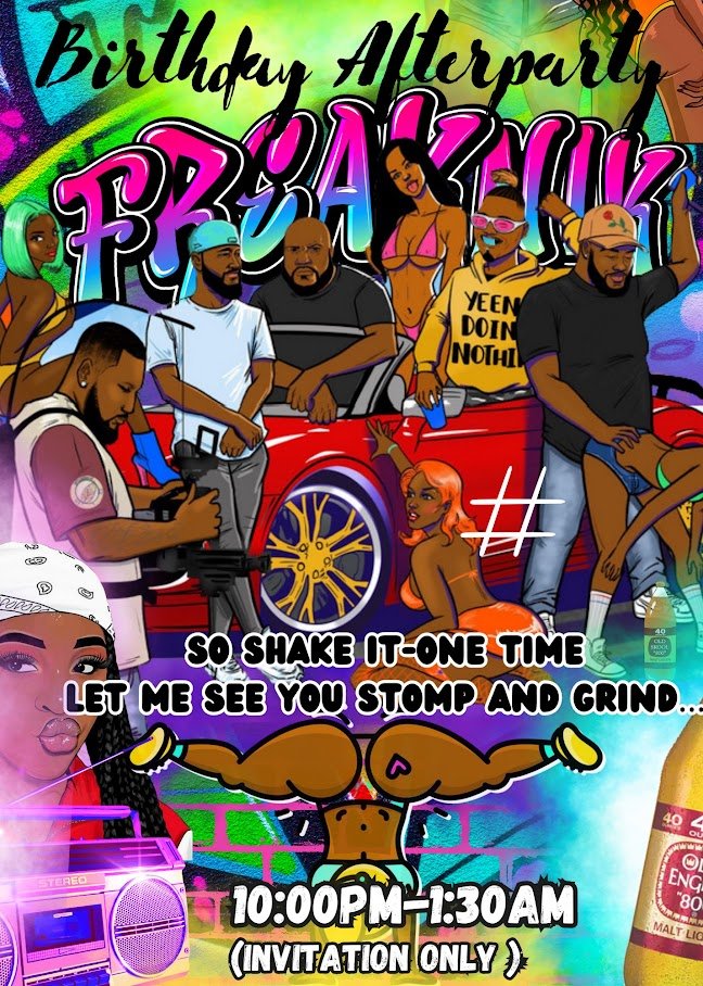 Colorful flyer advertising a birthday afterparty called 'FREAKSHOW' with a lively group of animated characters, a red sports car, and vibrant graffiti background. It includes details about the event running from 10:00 PM to 1:30 AM, invitation-only, 