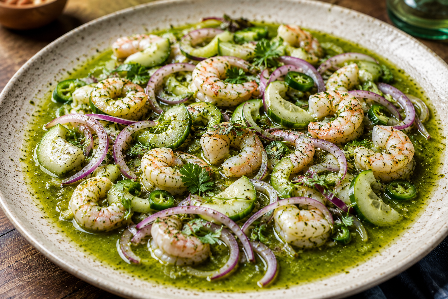 Shrimp Aguachile Verde.                       Wild shrimp cured in lime and tossed in a vibrant green aguachile with serrano, cilantro, cucumber, and red onion. Bright acidity, fresh herbs, and balanc