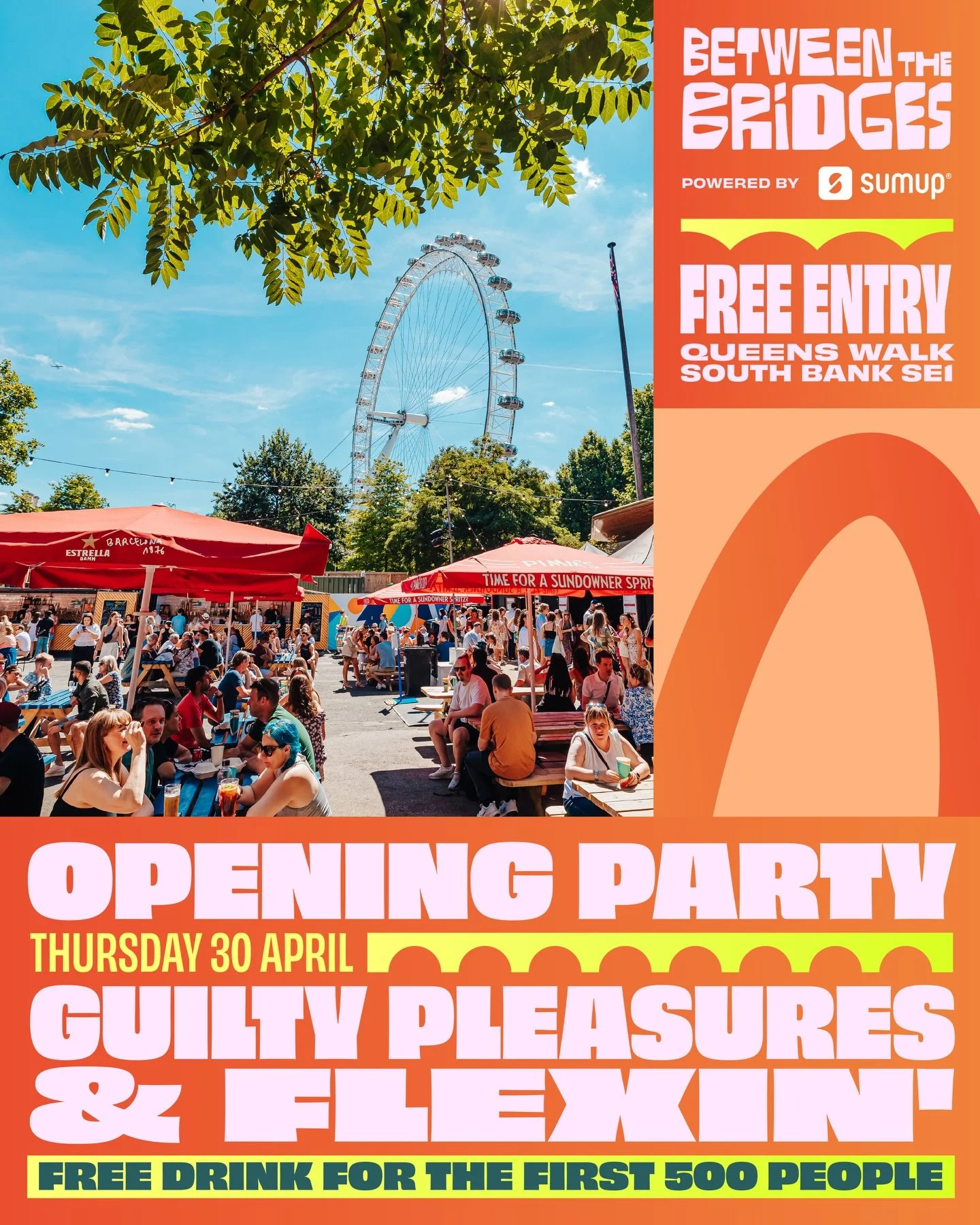 ☀️TODAY☀️

It&rsquo;s HERE!! The opening party of Between The Bridges kicks off at 5pm today. Weather report is A+++ sun all around. 🕶️🌅

First 500 people through the doors get a drink - first come, first served. Early bird catches the worm and all
