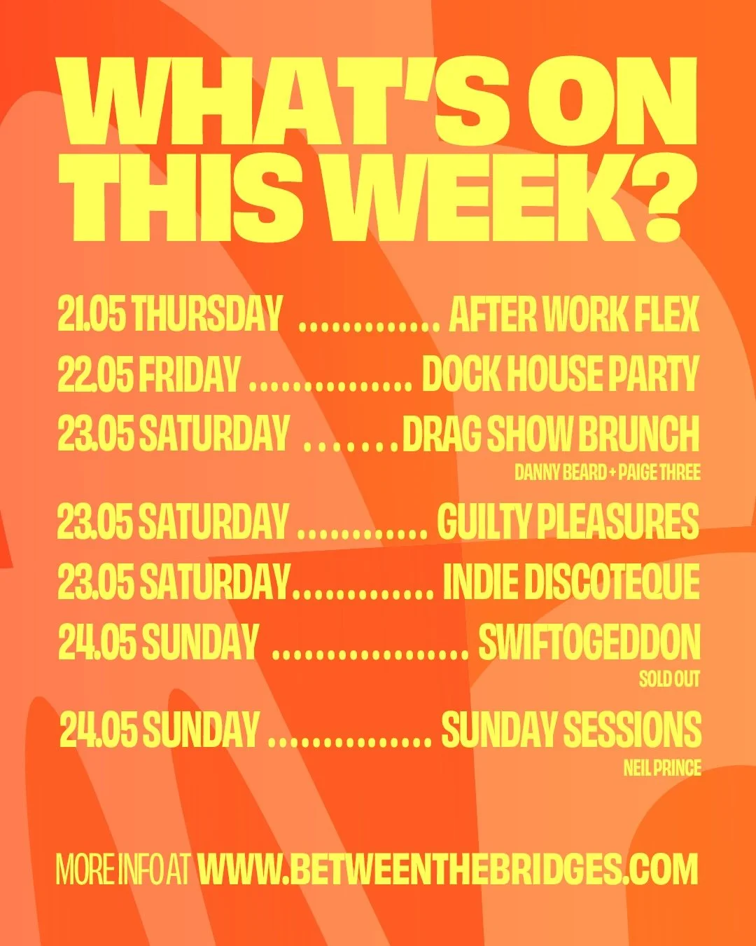 Bank Holiday HERE WE COME! 🍹☀️

Sun&rsquo;s Out, degrees are UP and our schedule is stacked 💫We have 3 glorious workless days to enjoy at Between The Bridges - you ready? 💓

☀️21.05 Thursday - After Work Flex @flexinldn (free)
☀️22.05 Friday - Doc