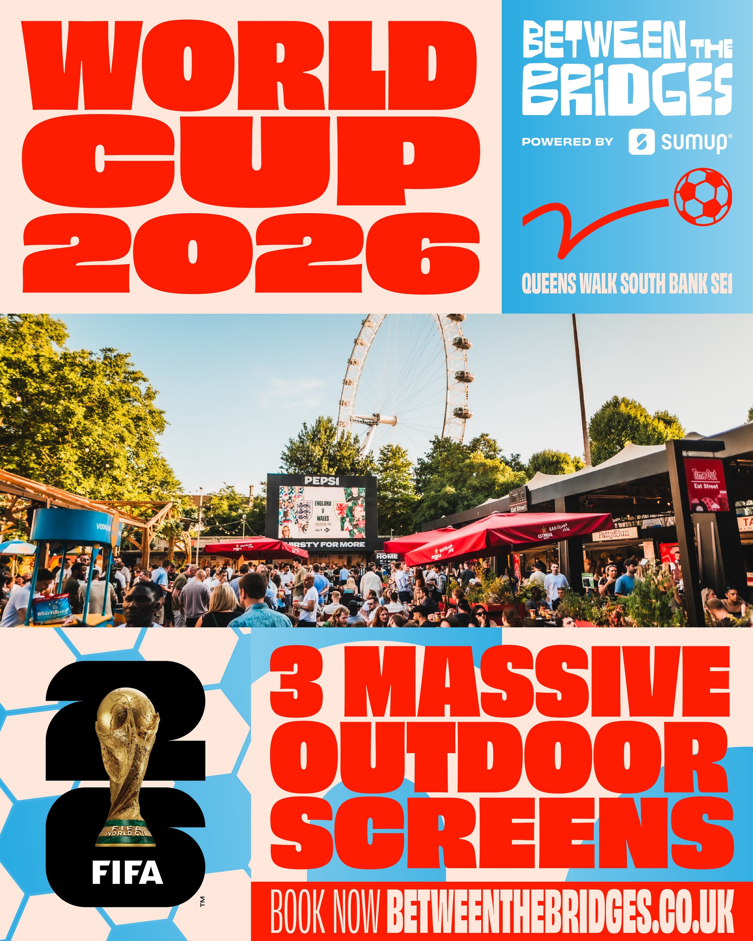 The World Cup kicks off today at Between The Bridges ⚽🔥

Catch all the action on our THREE giant screens, both indoors and outdoors, with plenty of bars and street food on hand to keep you fuelled from kick-off to final whistle 😚💨

We&rsquo;ll be 