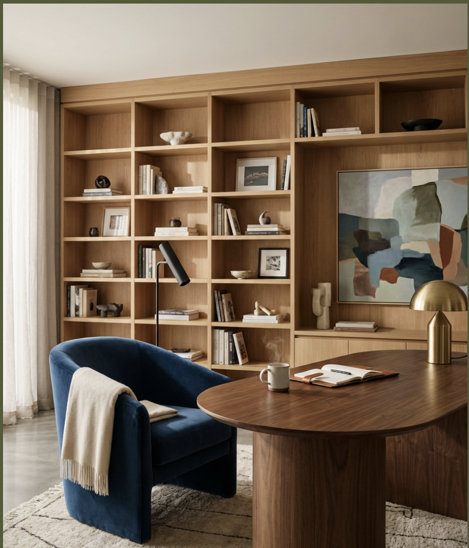 A cozy home office with a wooden bookshelf filled with books and decorative items, a wooden desk with an open notebook and a coffee mug, a dark blue velvet armchair with a beige throw blanket, a modern black desk lamp, a large abstract painting, and a gold table lamp, all set near a window with sheer curtains.