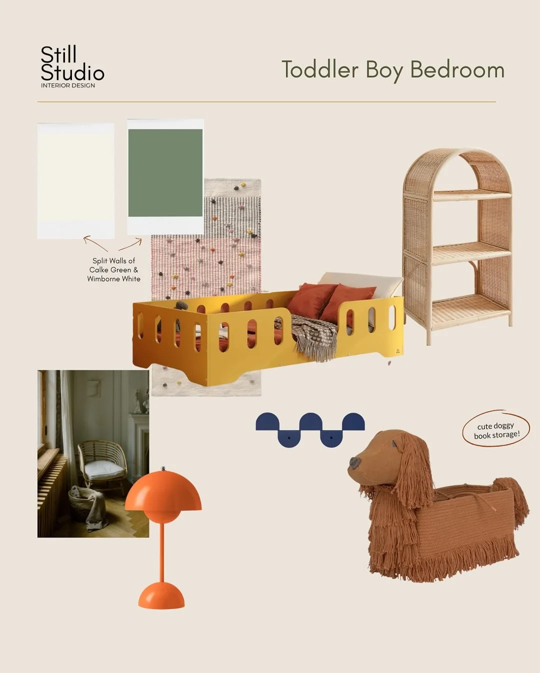 A boy&rsquo;s room, no blue required.

One of our favourite parts of the process is thinking ahead &mdash; not just to how a room looks on day one, but how it&rsquo;ll hold up as a child grows and their needs change.

This moodboard shows that shift 