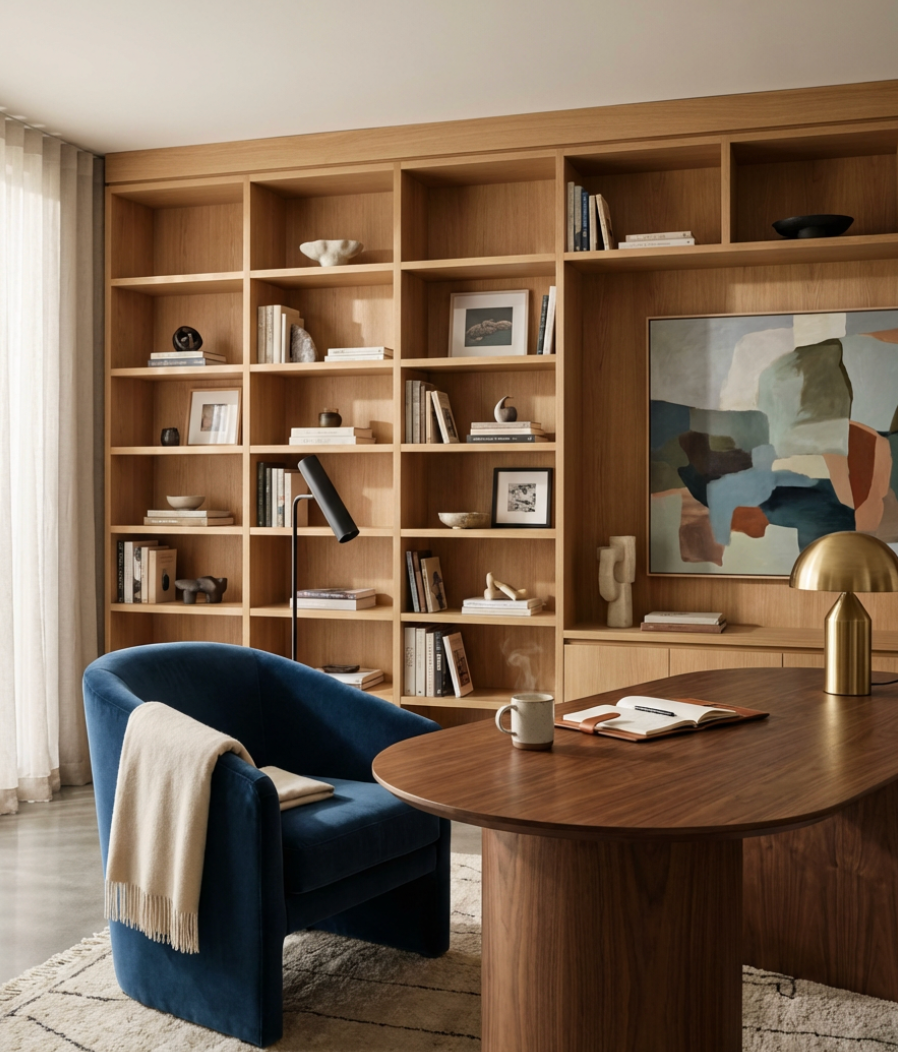 Still Studio Interior Design Dublin. A cozy corner of a home office with a wooden bookshelf filled with books and decorative objects, a blue velvet chair with a cream blanket draped over it, a wooden desk with an open notebook.