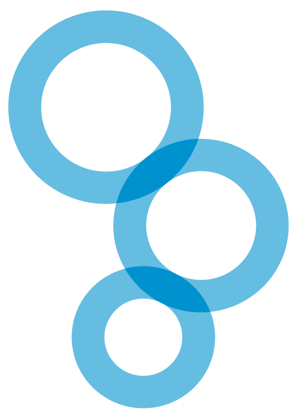 Drei blaue Kreise unterschiedlicher Größe, überlappend auf schwarzem Hintergrund.