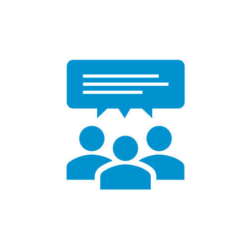 Blaues Icon mit drei Personen und Sprechblase, symbolisiert eine Diskussion oder ein Meeting.