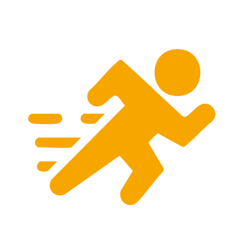 Ein orangefarbener Icon eines laufenden Menschen mit Geschwindigkeitsspuren, auf schwarzem Hintergrund.