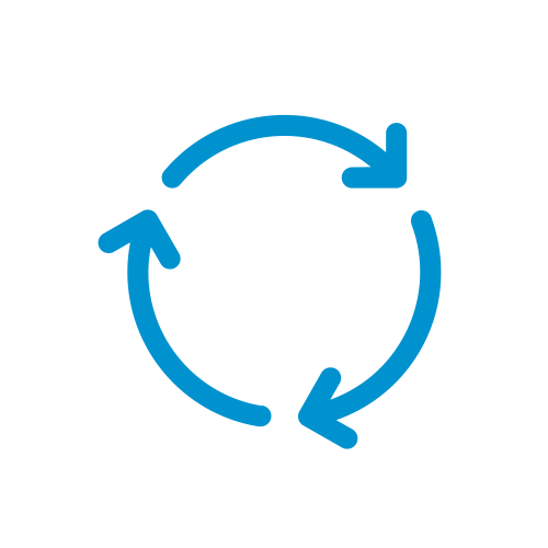 Ein blauer Kreis mit drei Pfeilen, die in einem Kreis verlaufen, symbolisieren einen Kreislauf oder einen Prozess des Wiederholens.