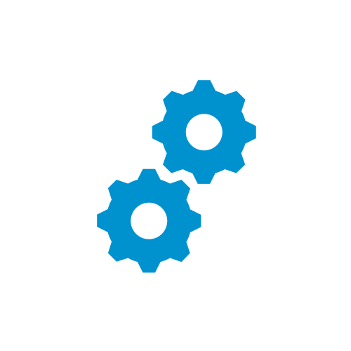 Zwei blaue Zahnräder, die ineinandergreifen, symbolisieren Zusammenarbeit oder Technik.