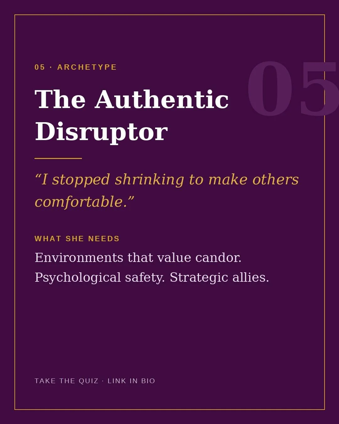Archetype 05: The Authentic Disruptor

'I stopped shrinking to make others comfortable.'

She tells the truth in rooms that would rather she didn't. She's the one who names what everyone's thinking. It makes her powerful &mdash; and sometimes, it mak