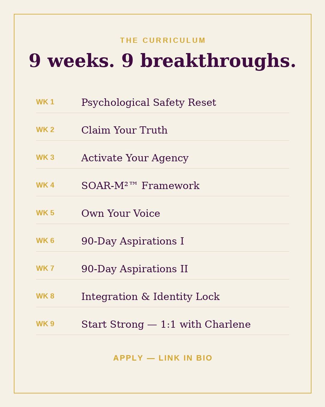This isn't a course. It's 9 weeks, 9 breakthroughs:

Week 1 &mdash; Psychological Safety Reset
Week 2 &mdash; Claim Your Truth
Week 3 &mdash; Activate Your Agency (the CAP Framework + Seven Seconds of Courage&trade;)
Week 4 &mdash; The SOAR-M&sup2;&t