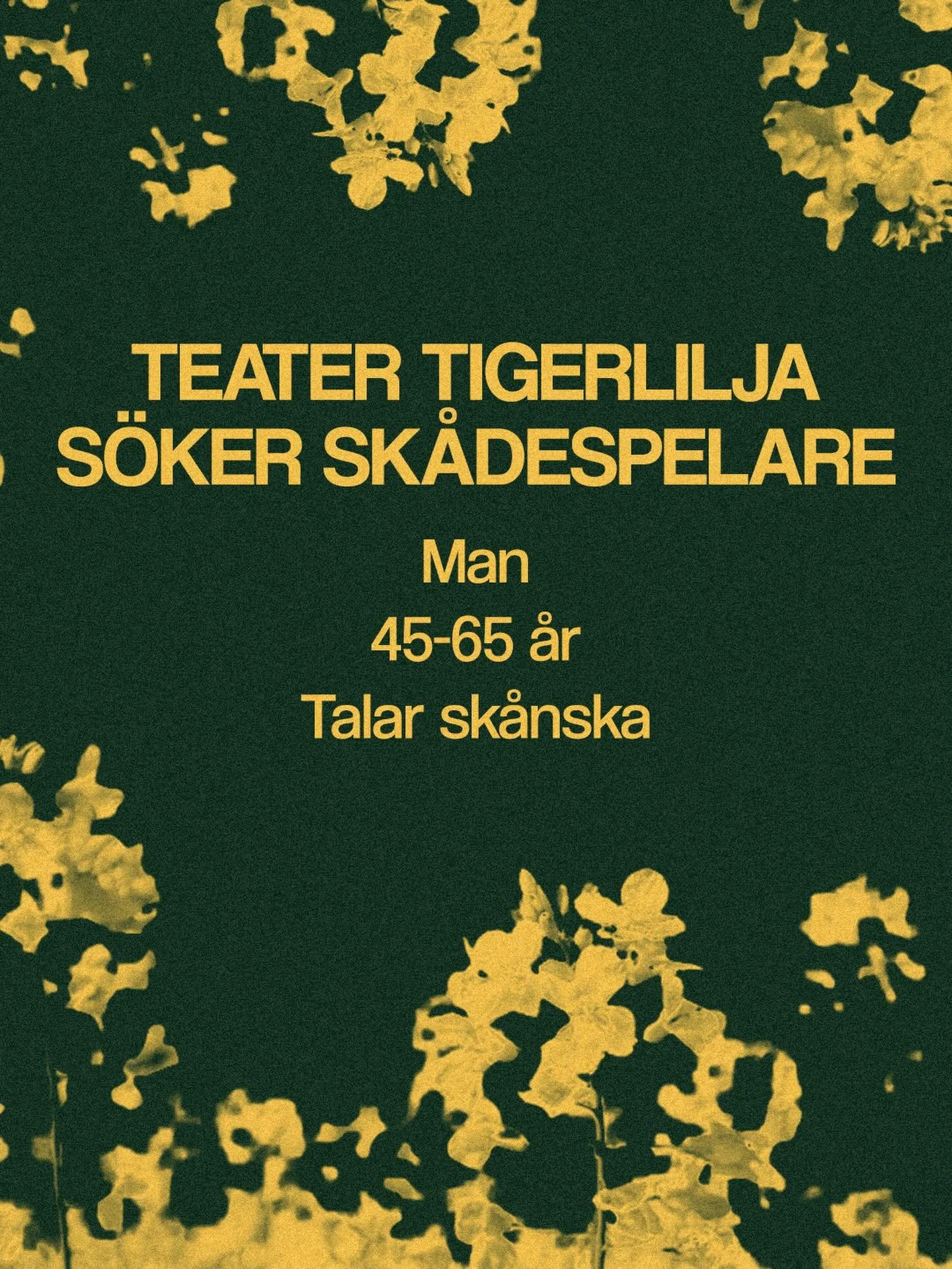 TEATER TIGERLILJA S&Ouml;KER SK&Aring;DESPELARE!
Arbetet med n&auml;sta projekt &auml;r i full fart och nu s&ouml;ker vi sk&aring;despelare. St&auml;mmer du in p&aring; punkterna ovan och &auml;r sugen att vara med i h&ouml;stens projekt? Mejla d&ari