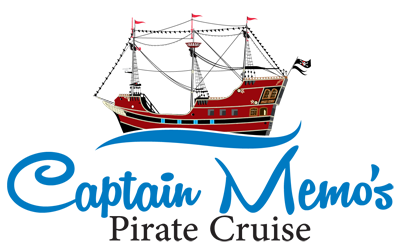 A large pirate ship with black sails and red accents sailing on blue water.