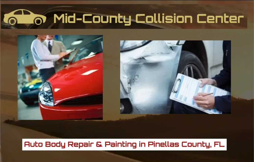 Advertisement for Mid-County Collision Center showing a red car and a damaged white car, with people inspecting the vehicles, and text indicating auto body repair and painting services in Pinellas County, FL.