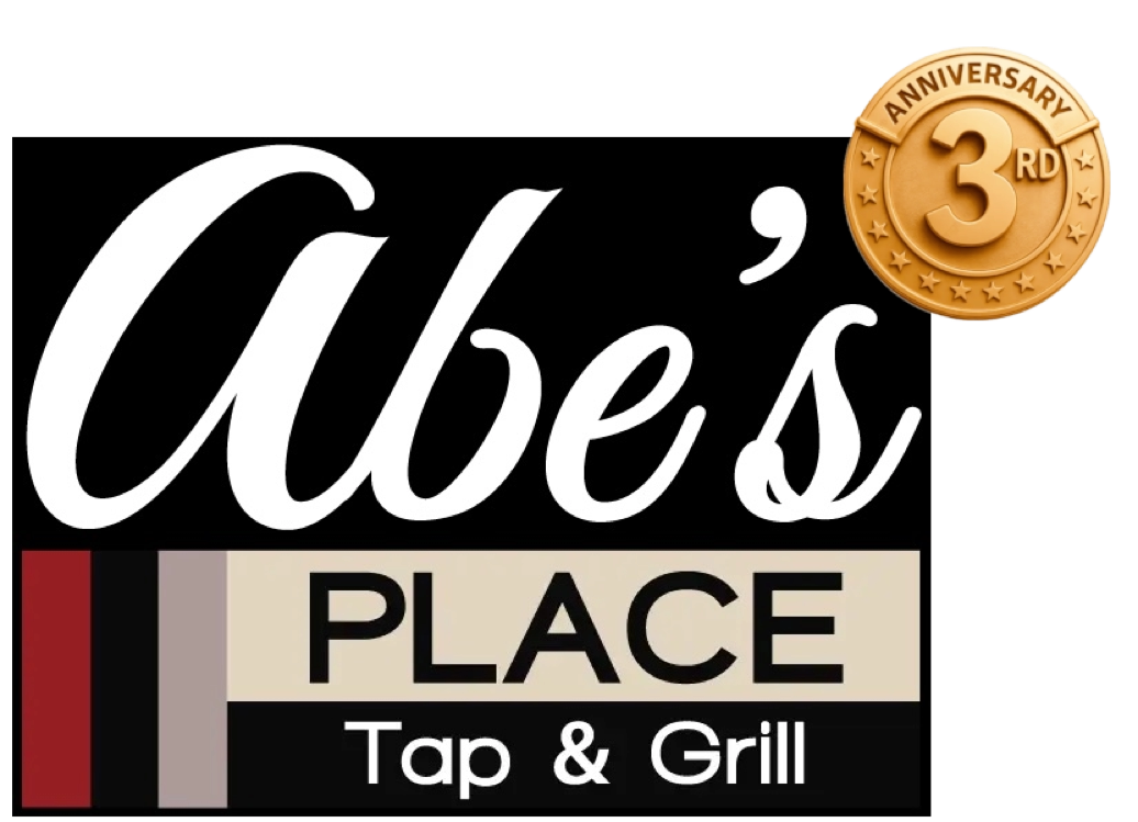 Logo for Abe's Place Tap & Grill with a 3rd anniversary emblem in gold.
