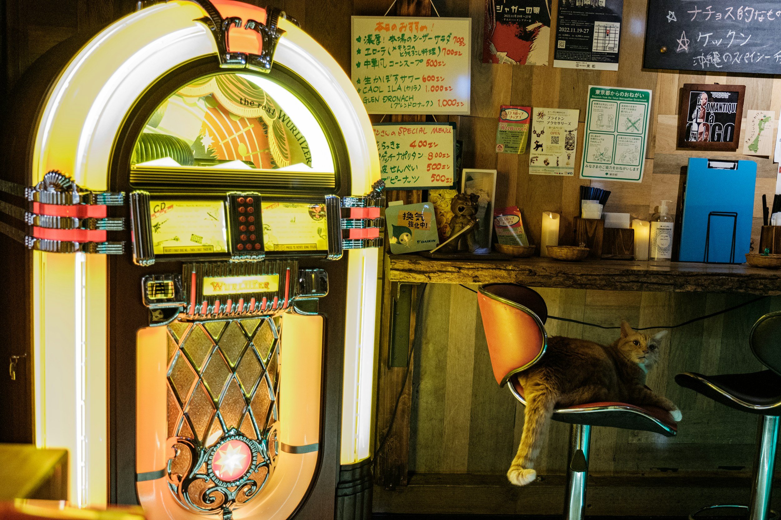 A vintage jukebox in a bar with a cat sitting in a stool beside it