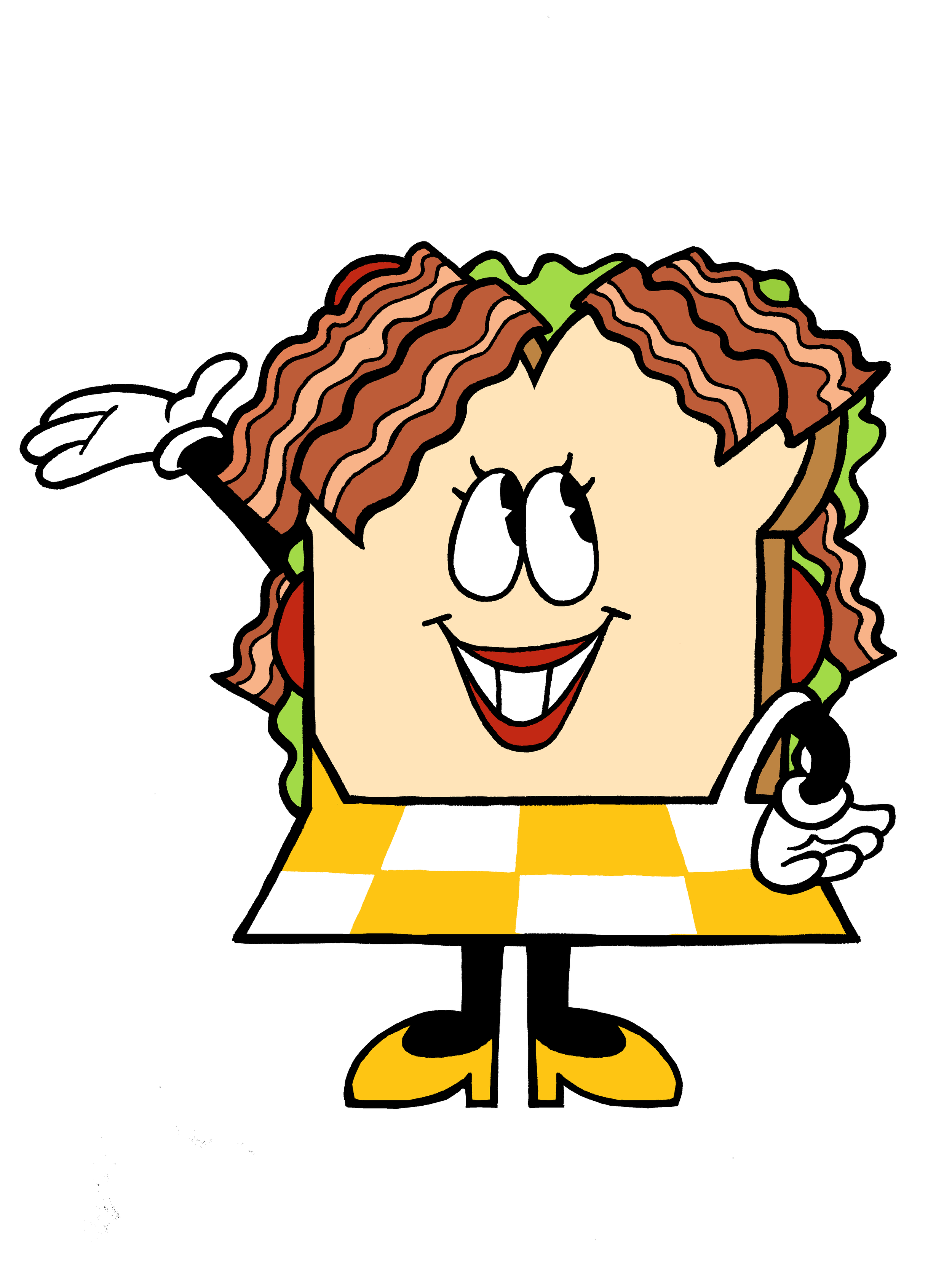 A cartoon of a happy female BLT sandwich with human facial features, wearing a checkered yellow and white tablecloth dress.