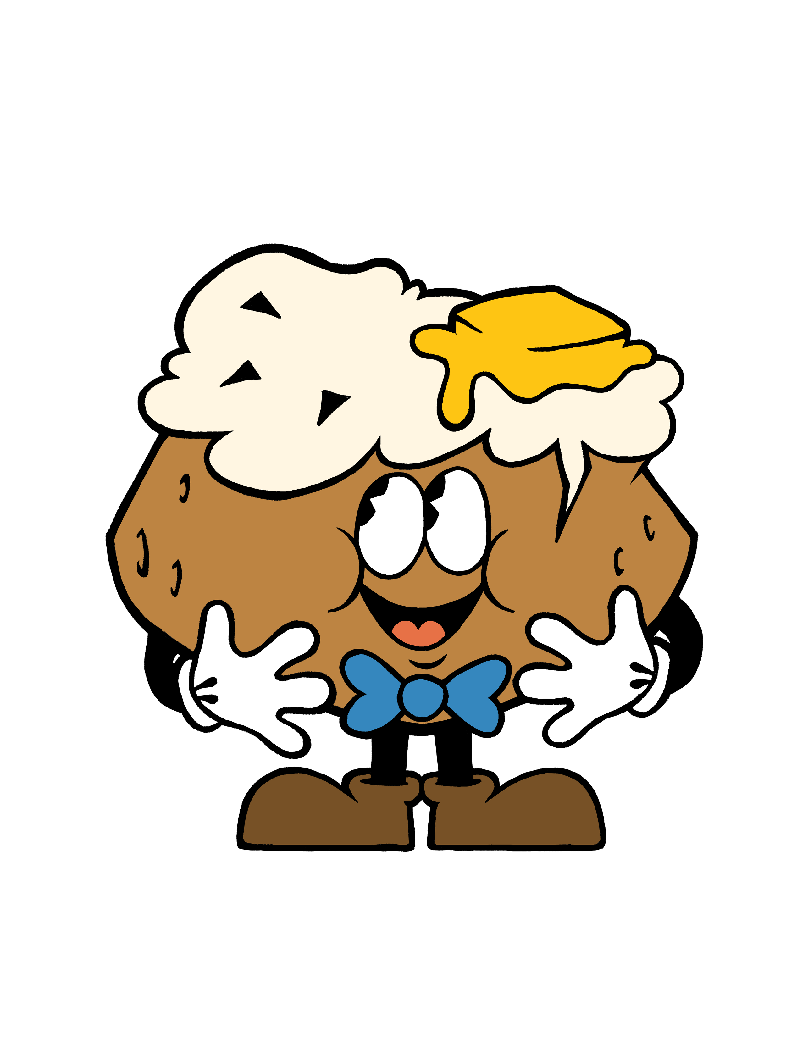 Cartoon character of a cheerful baked potato with human features, a cream-colored fluffy potato hairdo, wearing a blue bowtie, and holding its hands together in front, smiling, against a black background.