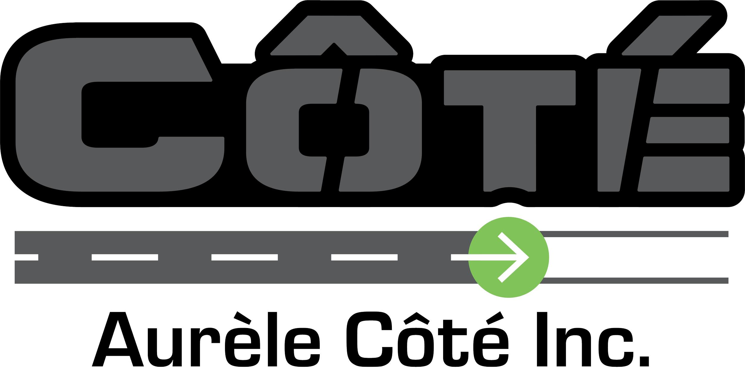 Logo de la société CÔTE avec une route et une flèche verte pointant vers la droite, dessous le nom Aurèle Côté Inc.