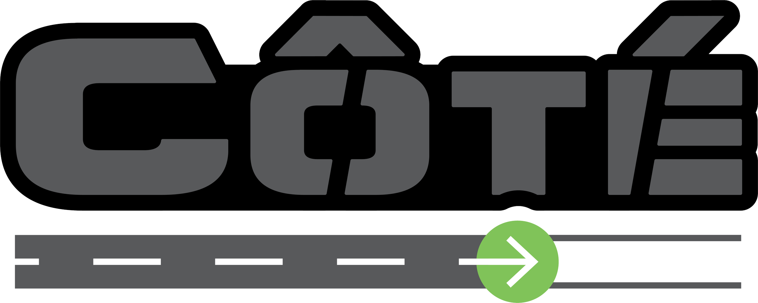 Logo avec le mot 'COST' en lettres noires et grises, et une flèche verte pointant vers la droite située au-dessus d'une route gris foncé avec lignes blanches.