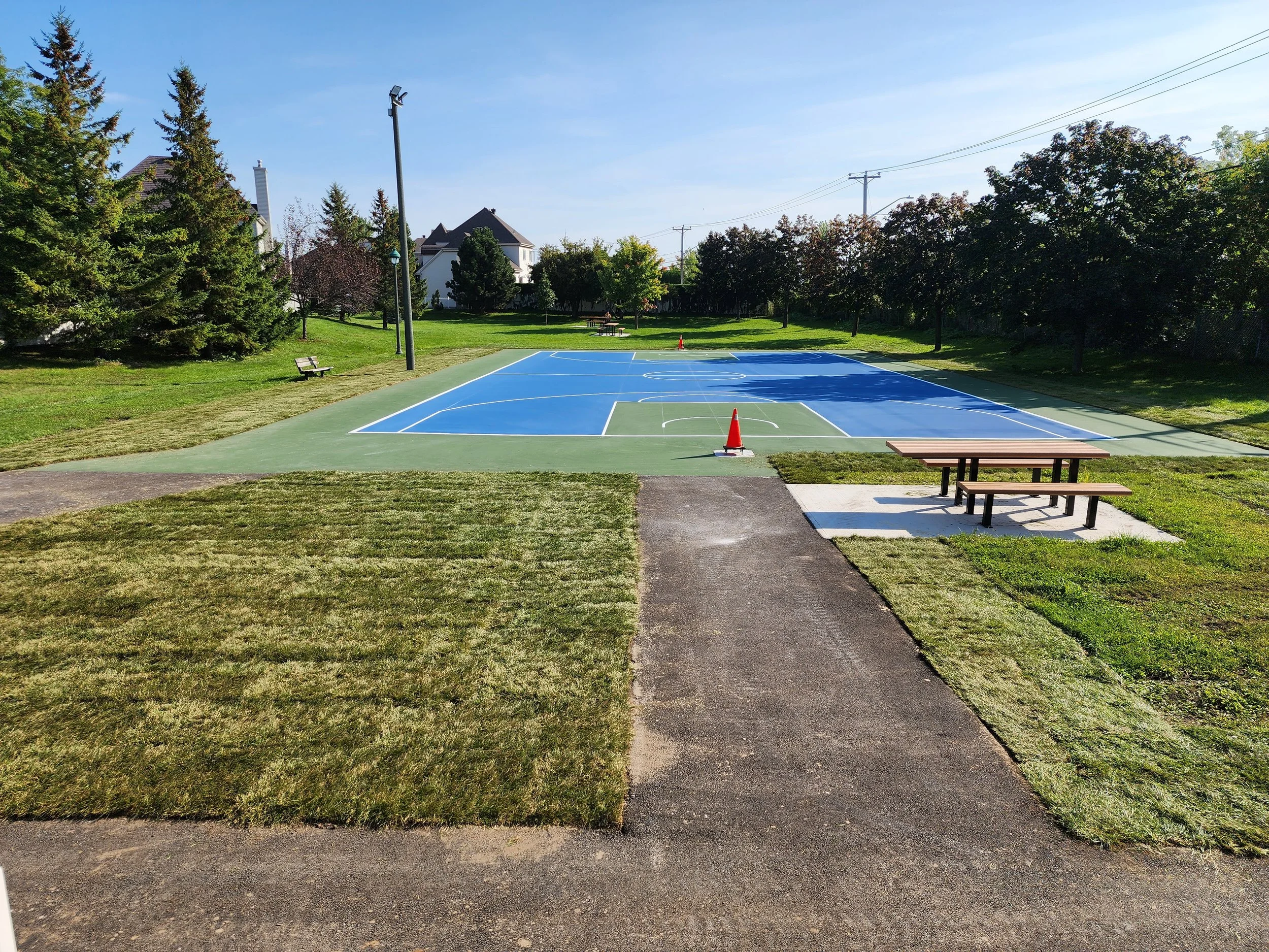 Court de basketball extérieur dans un parc, entouré d'arbres et de maisonnées. Implementation de côtes de jeu bleues avec quelques cônes orange, bancs en bois à proximité.