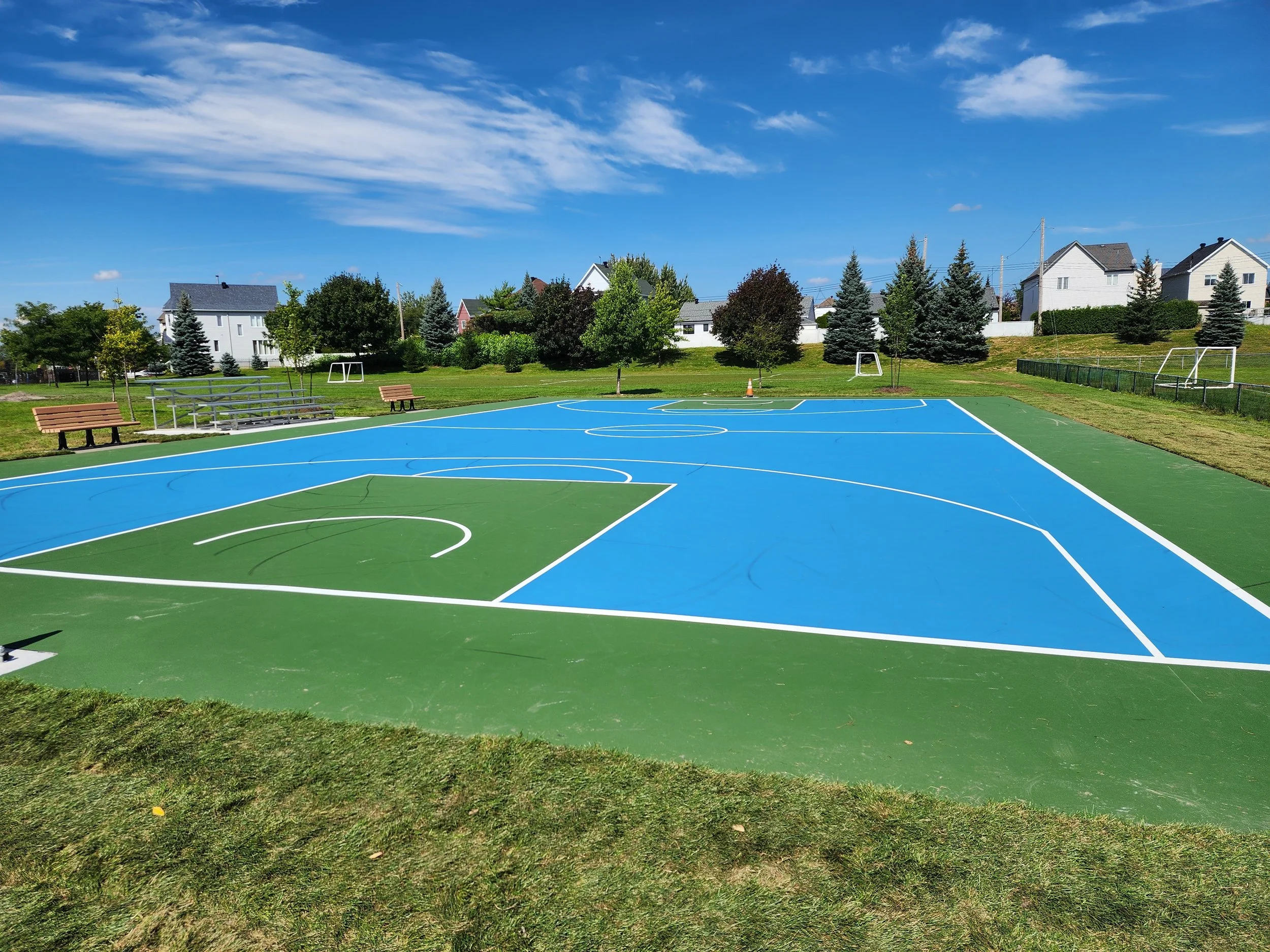 Un terrain de basketball extérieur avec un terrain peint en bleu et vert, entouré d'arbres et de maisons résidentielles, sous un ciel bleu avec quelques nuages.
