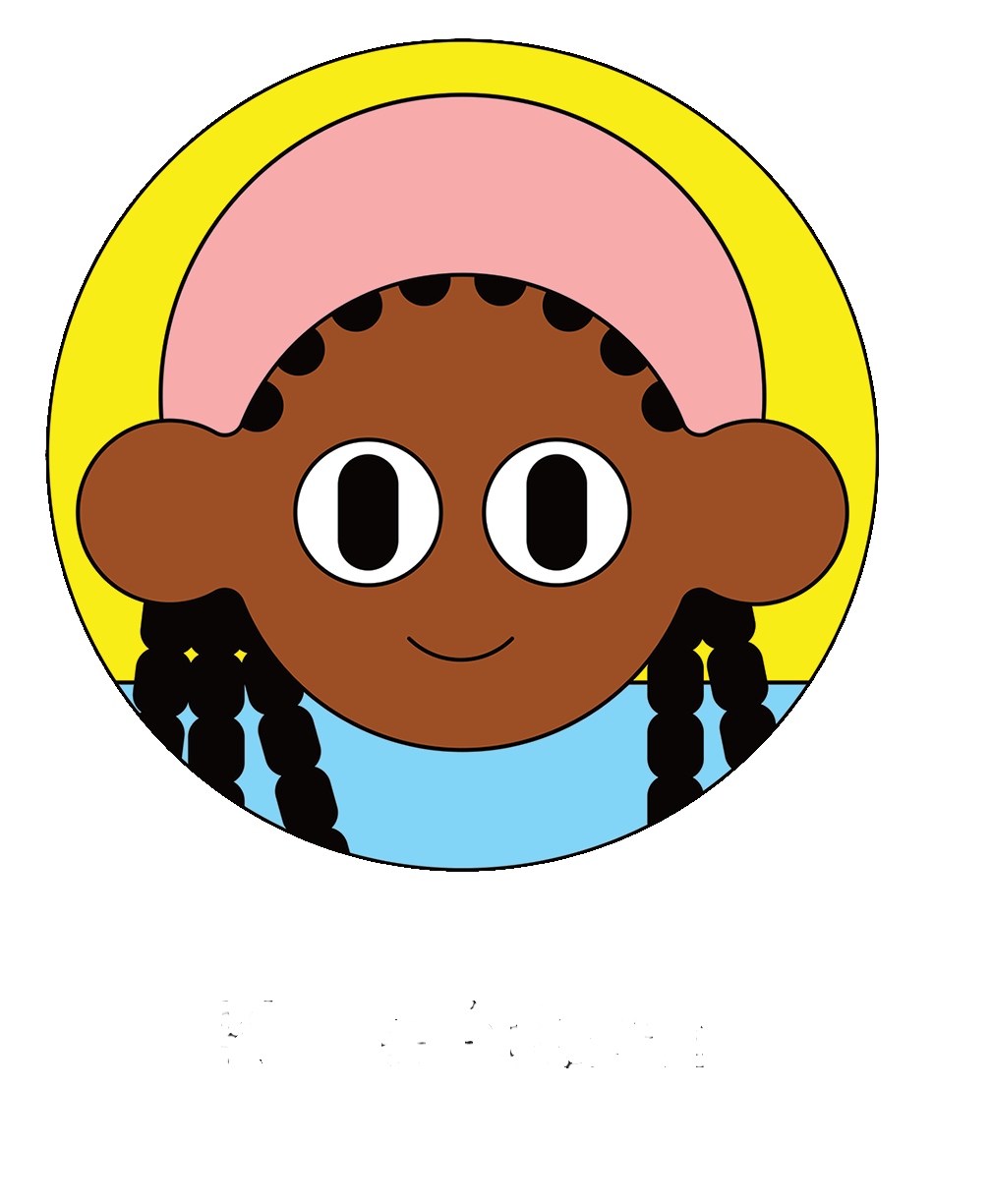 Cartoon image of a smiling girl with dark skin, black braided hair, big oval eyes, wearing a pink headband, a blue shirt, and a yellow background.